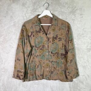 Tianello Tencel Blend Floral Suzy Blouse Large Button-Up Shirt Earth Tone Artsy